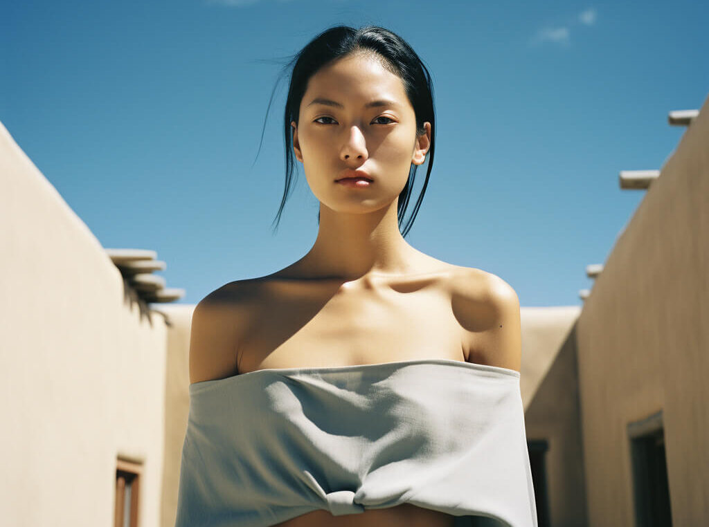 Serene-East-Asian-Woman-with-Pastel-Blue-Top-Against-Adobe-Architecture-and-Blue-Sky