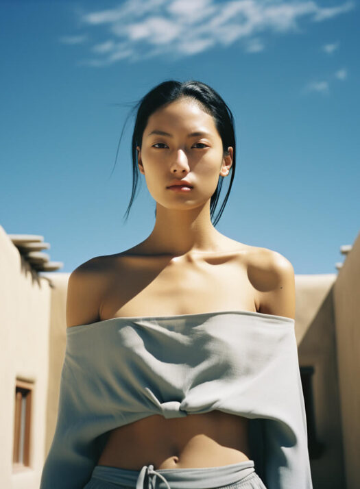 Serene-East-Asian-Woman-with-Pastel-Blue-Top-Against-Adobe-Architecture-and-Blue-Sky